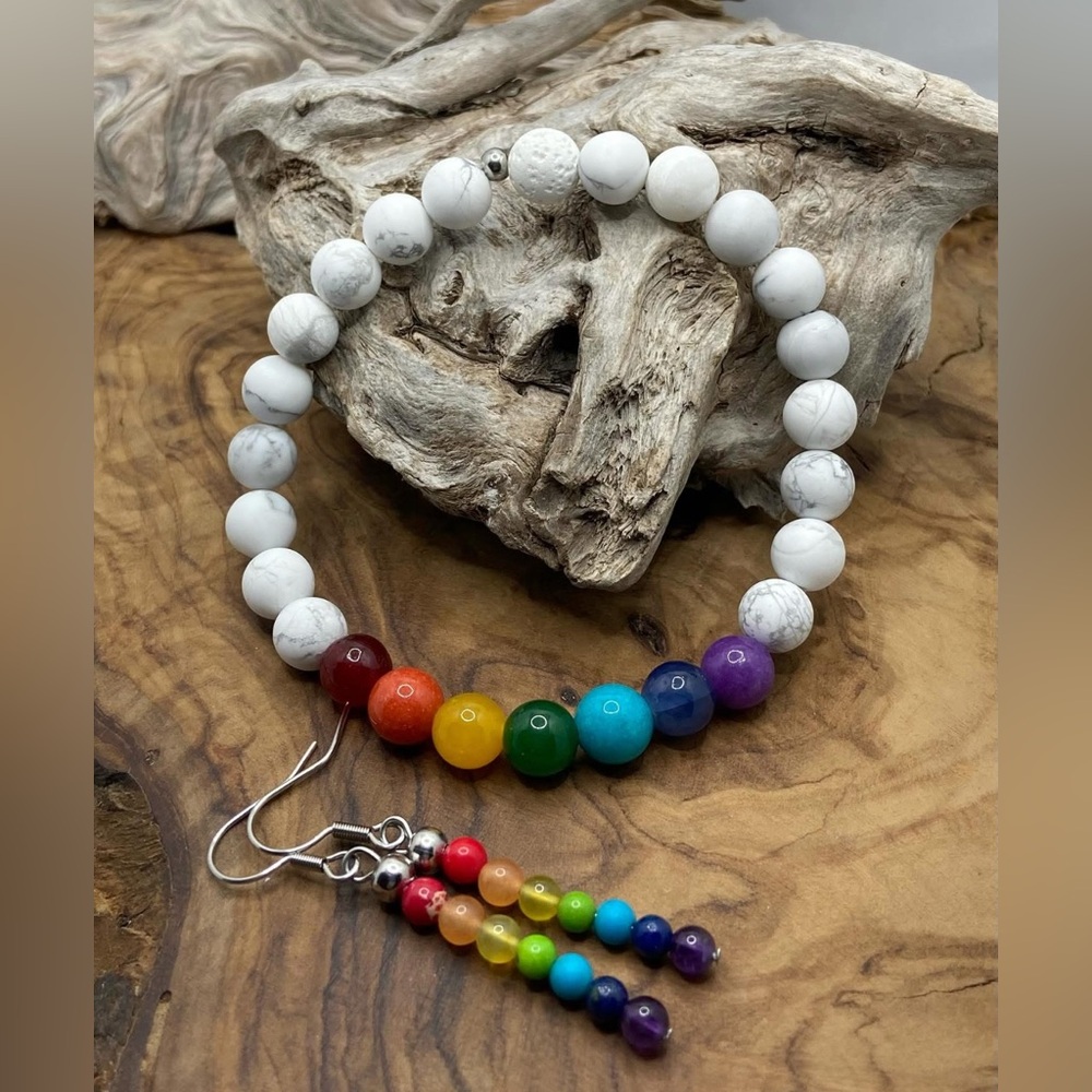 Chakra healing bracelet with matching stainless steel earrings.